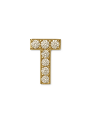 The Kinsey Designs LUX Letter Slide Charm features a gold-filled "T" initial adorned with round white gemstones, ideal for slide charm bracelets, shown on a white background.