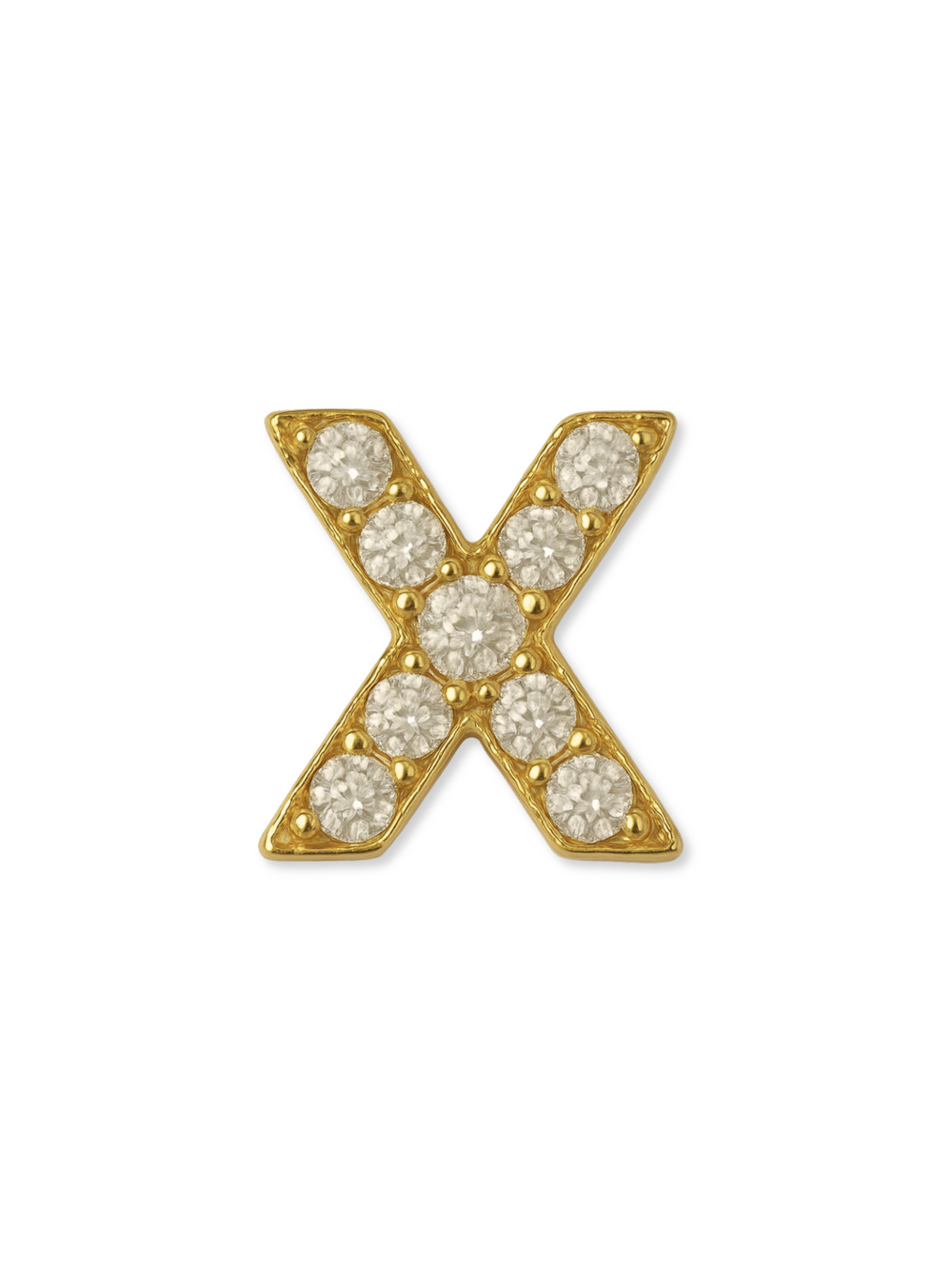 The Kinsey Designs LUX Letter Slide Charms feature a gold filled "X" pendant adorned with small white gemstones, ideal for personalizing necklaces or bracelets. Shown on a white background.