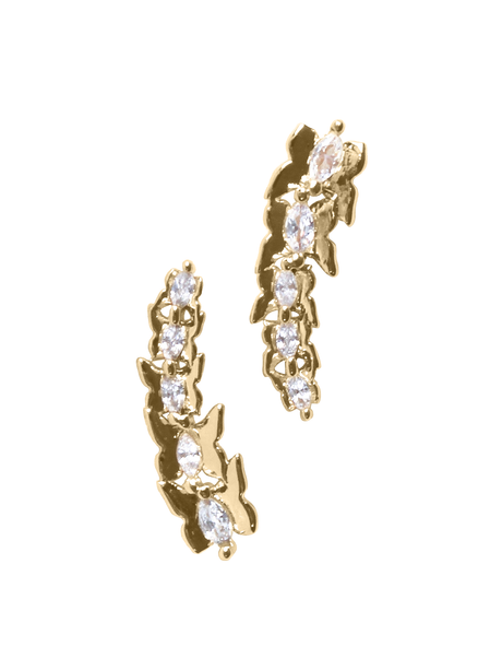 The Lakelyn Climber by Kinsey Designs Archives features gold-filled, leaf-like earrings with clear gemstones, shown on a white background. Shop this elegant style now during our sample sale.