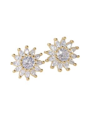 The Lana Stud by Kinsey Designs Archives features gold-filled floral studs with a central round stone, petal-like accents, and sparkling CZ details for timeless elegance.