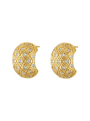 Kinsey Designs' Lono Quilted Earrings feature a gold, crescent shape with a quilted lattice pattern and clear stones, shown on a white background.