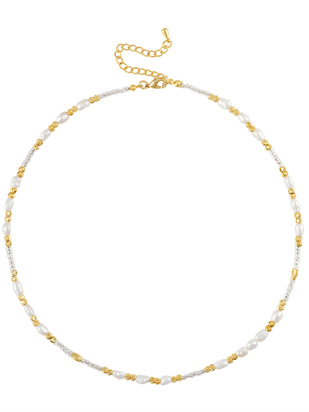 The Louie Pearl Necklace by Kinsey Designs features a gold-filled chain adorned with small white pearls, gold beads, and an adjustable clasp.