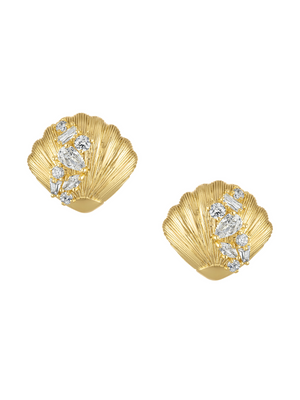 The Lucian Seashell Post Earring by Kinsey Designs features gold, shell-shaped studs adorned with clear clustered gemstones—a stylish blend of elegant seashell motifs and shimmering detail.