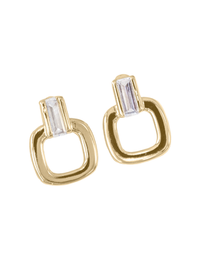 The Lucky Post earrings by Kinsey Designs feature gold-filled open square shapes with clear rectangular gemstones at the top, measuring 0.5" long, displayed on a white background.