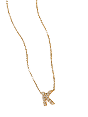 The LUX Slide Initial Necklace Letter K by Kinsey Designs Collection features a sparkling diamond-studded "K" pendant on a gold chain, shown against a plain white background.