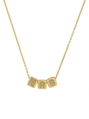 The Kinsey Designs MRS Block Necklace features three sparkling charms spelling "MRS," each with clear stones for an elegant shine—an ideal gift for any bride-to-be.