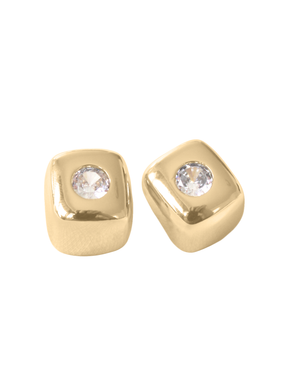 The Mick Earring by Kinsey Designs is a pair of gold filled square stud earrings featuring a clear round gemstone at the center, available during our sample sale.