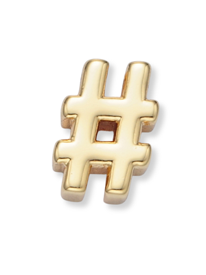 The Kinsey Designs Number Symbol Spacer Slide is a shiny gold hashtag charm that stands out on a white background.