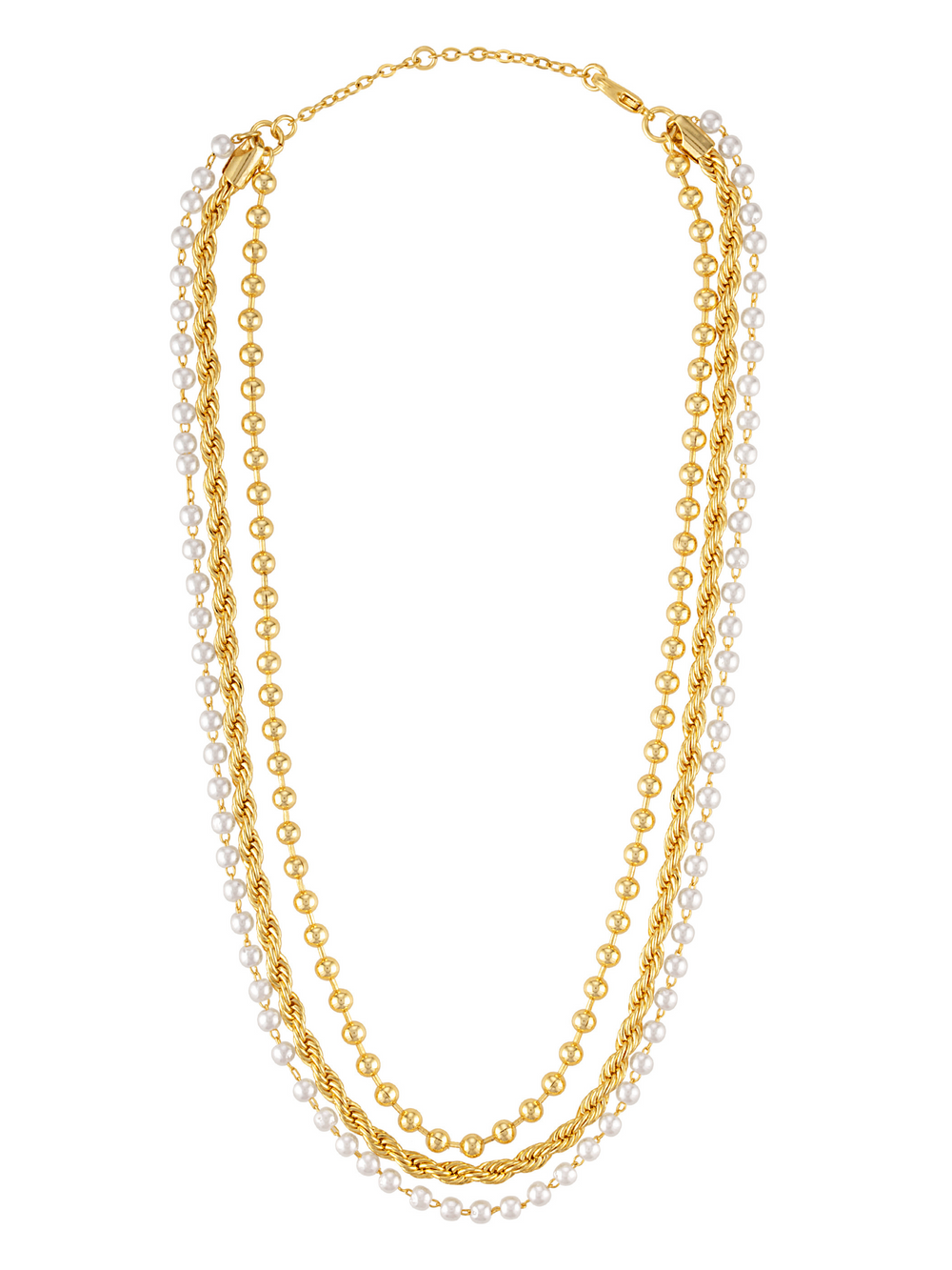 The Kinsey Designs Olivia Layer Necklace is artfully displayed with delicate pearl pieces, creating a stunning gold and pearl ensemble against a white backdrop.