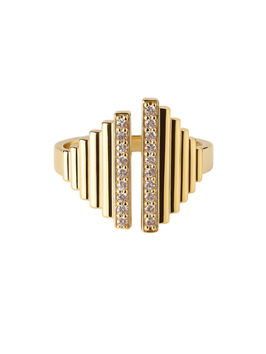 The Petra Ring by Kinsey Designs features vertical ridges and two parallel bars adorned with sparkling stones on the front, creating a stunning statement piece.