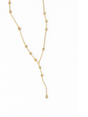 The Kinsey Designs Pozey Lariat is a delicate gold filled necklace with spaced round gemstones and a single dangling drop for subtle elegance.