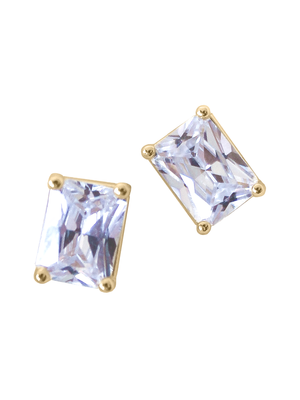 Kinsey Designs’ Prism Studs feature rectangular clear Cubic Zirconia gemstones in gold filled settings with four prongs, offering a modern accent to your look. Shown against a white background.