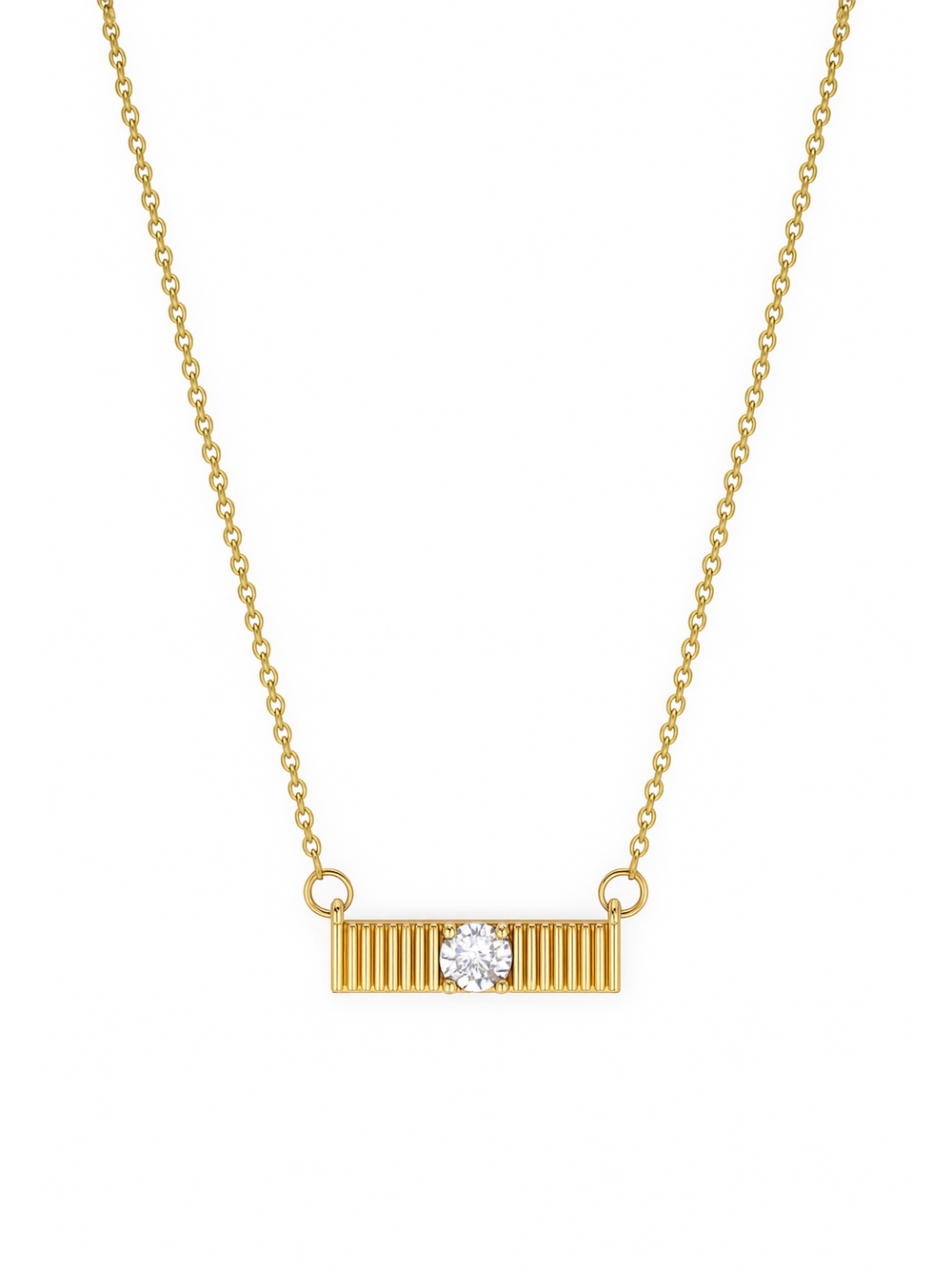 The Quinn Bar Necklace by Kinsey Designs features a rectangular pendant with a central round diamond and vertical line details. This elegant piece makes a perfect jewelry gift for any occasion.