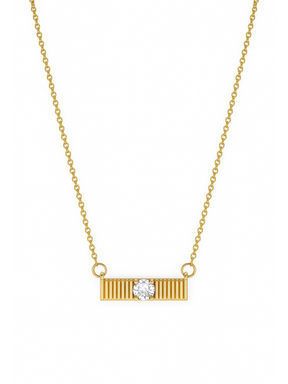 The Quinn Bar Necklace by Kinsey Designs features a rectangular pendant with a central round diamond and vertical line details. This elegant piece makes a perfect jewelry gift for any occasion.