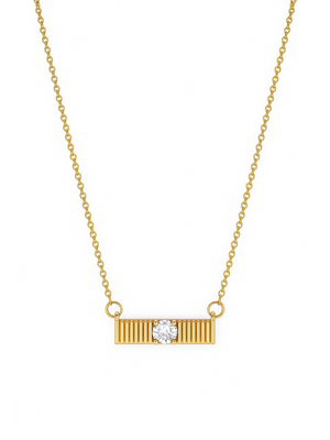 The Quinn Bar Necklace by Kinsey Designs features a rectangular pendant with a central round diamond and vertical line details. This elegant piece makes a perfect jewelry gift for any occasion.