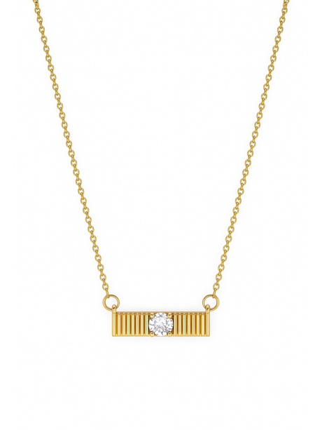 The Quinn Bar Necklace by Kinsey Designs features a rectangular pendant with a central round diamond and vertical line details. This elegant piece makes a perfect jewelry gift for any occasion.