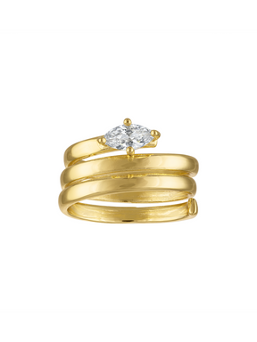 The Rowan Coil Ring by Kinsey Designs features a marquise-cut clear gemstone set atop a gold coil band, displayed on a white background.