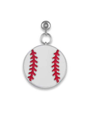 The Kinsey Designs Baseball Grip Charm features a silver and white design with red stitching and a top loop for easy attachment—ideal for sports jewelry enthusiasts.