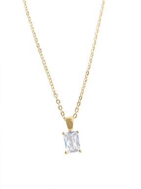 The Kinsey Designs Archives Spritz Necklace features a rectangular cubic zirconia pendant on an 18-inch gold filled chain, displayed against a white background.