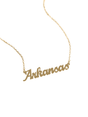 The Kinsey Designs Archives State of Mind Necklace features a gold filled “Arkansas” pendant in cursive on a white background.