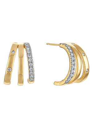 The Teddy Triple Earring Large by Kinsey Designs features bold silver and gold hoops, sparkling cubic zirconia accents, and secure post backs.
