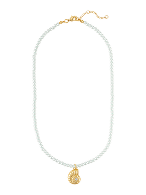 The Tilly Nautilus Necklace by Kinsey Designs features white beaded pearls, a gold shell pendant, and an adjustable gold clasp for added elegance.