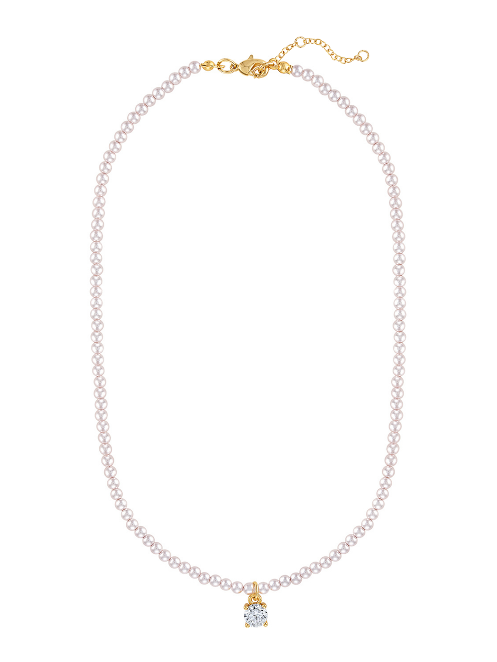 The Tilly Stone Necklace by Kinsey Designs is a pearl necklace featuring a gold clasp and a small diamond pendant at the center.