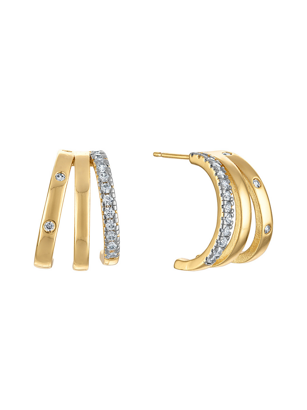 The Kinsey Designs Teddy Triple Earring features elegant gold-filled hoops with three bands—one fully encrusted with clear gemstones and two adorned with single stones for a chic, layered look.