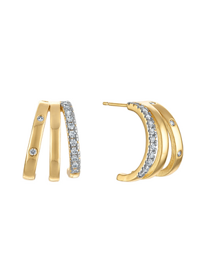 The Kinsey Designs Teddy Triple Earring features elegant gold-filled hoops with three bands—one fully encrusted with clear gemstones and two adorned with single stones for a chic, layered look.