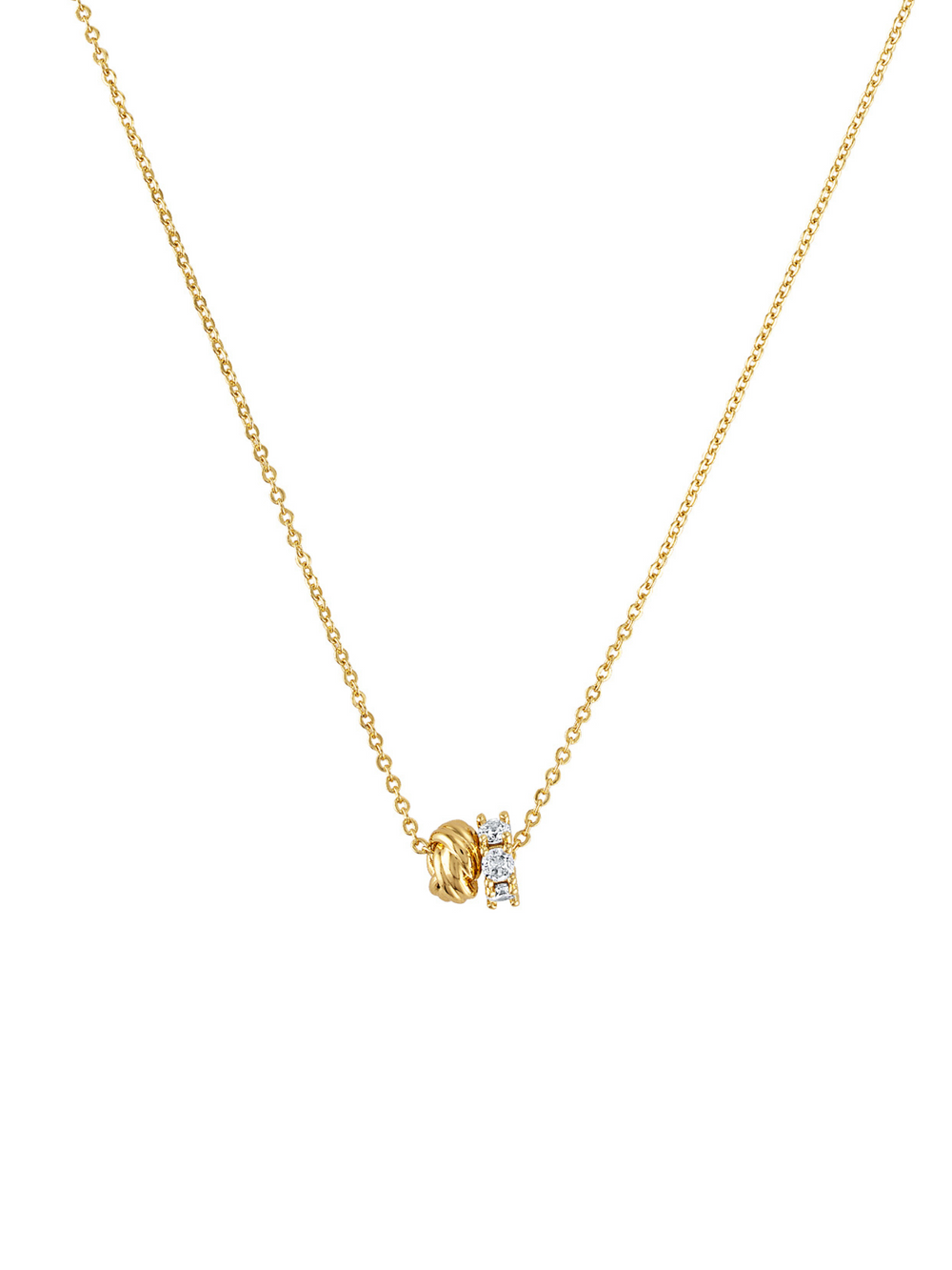 The Wes Rondelle Adjustable Necklace by Kinsey Designs features a twisted gold knot and a CZ pendant bar adorned with small clear stones, displayed on a white background.