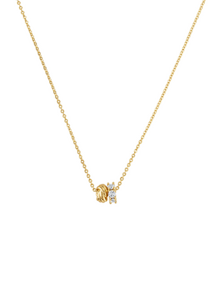 The Wes Rondelle Adjustable Necklace by Kinsey Designs features a twisted gold knot and a CZ pendant bar adorned with small clear stones, displayed on a white background.