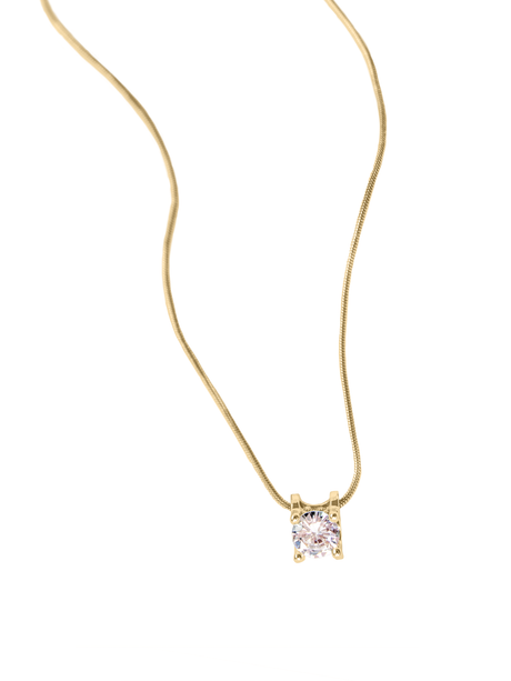 The Jenna Necklace by Kinsey Designs Archives features a single round diamond pendant on an 18-inch gold filled chain, shown against a white background.