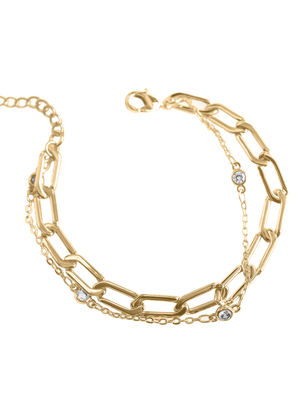 The Lisbon Bracelet by Kinsey Designs Archives features a 6.5" gold filled chain with rectangular links, small round crystals, and a clasp, displayed on a white background.