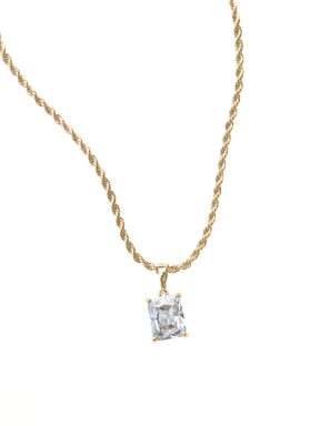 The Martin Necklace by Kinsey Designs Archives features a twisted 19" gold filled chain with a sparkling square cubic zirconia pendant, shown on a white background.