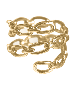 The Peyton Ring by Kinsey Designs is a gold plated chain ring featuring interconnected links, ideal for stacking, shown on a white background.