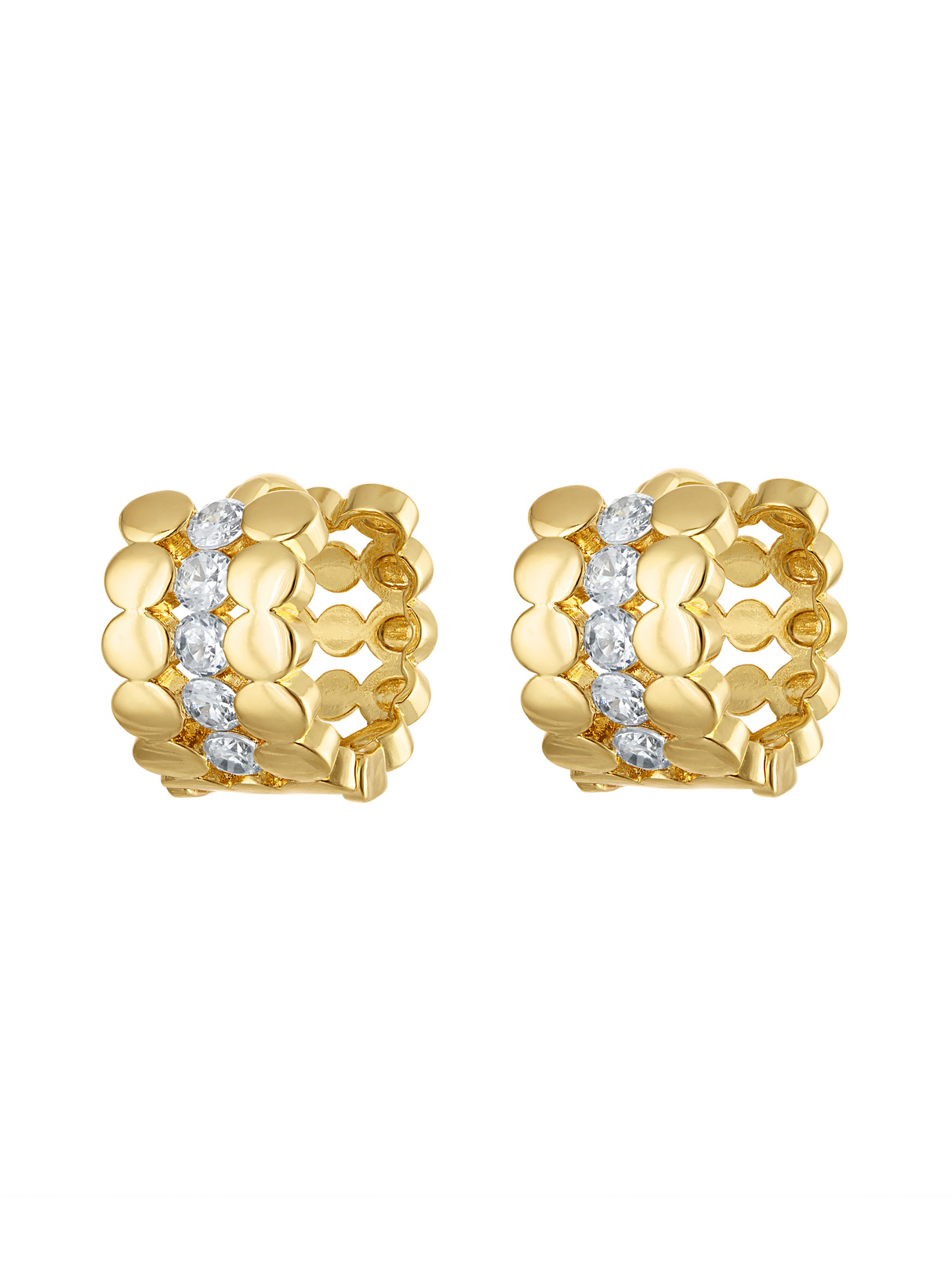 The Ellis Huggie Earring by Kinsey Designs features a textured circular design with a central row of clear gemstones, offering timeless elegance in gold.