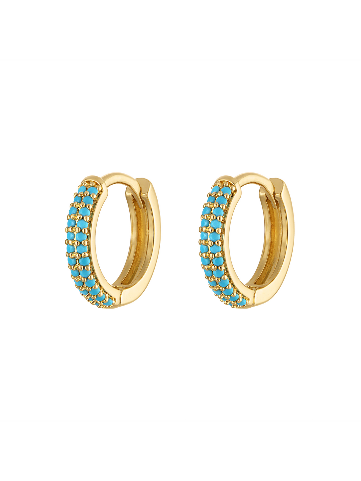 The Miles Huggie Earrings by Kinsey Designs feature rows of vibrant turquoise stones set in small gold hoops, shown on a white background.