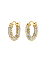The Kinsey Designs Pave Huggie Earring features classic gold hoops with three rows of sparkling clear CZ pave stones set on the front surface.
