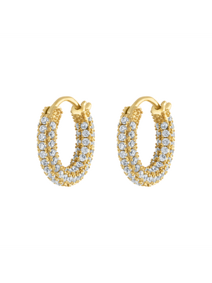 The Kinsey Designs Pave Huggie Earring features classic gold hoops with three rows of sparkling clear CZ pave stones set on the front surface.