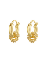 The Rondelle Huggie Earring by Kinsey Designs features a gold knotted design with small CZ stones sparkling at the bottom front.