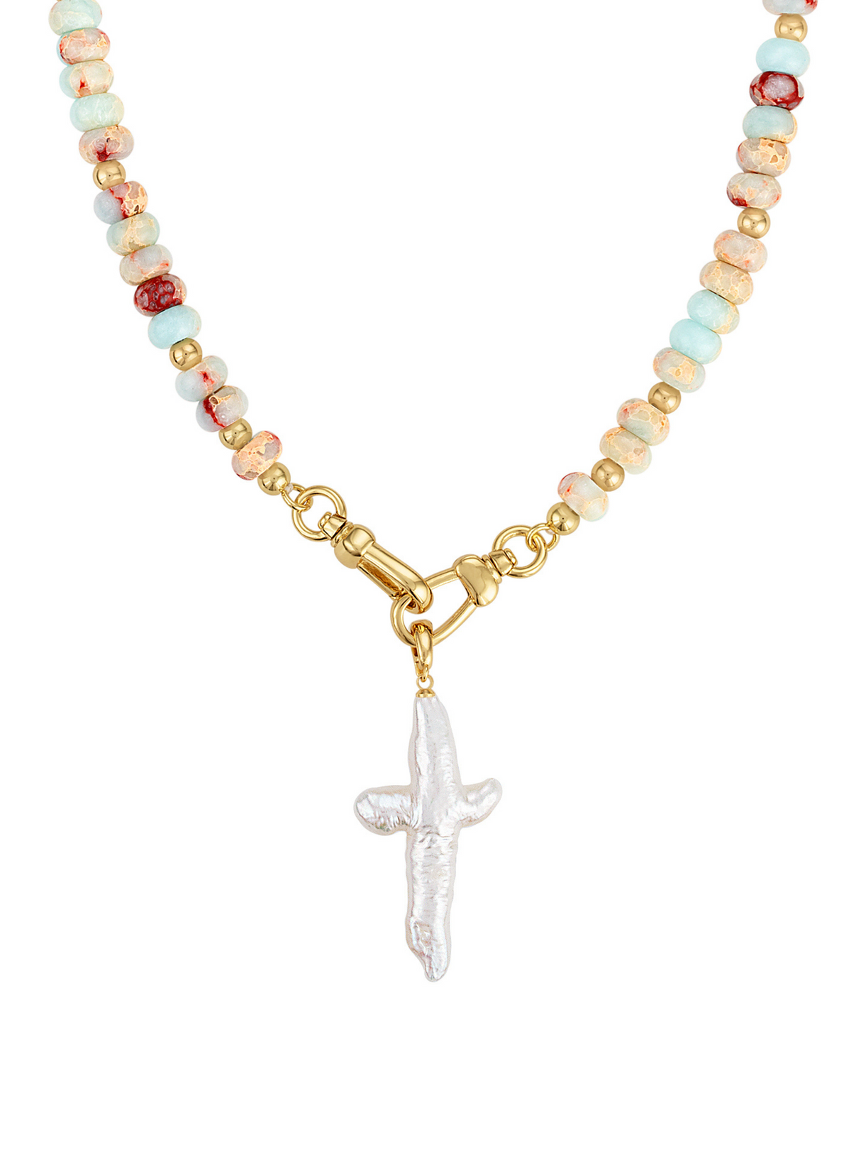 The Aurelium Cross Gemstone Necklace by Kinsey Designs features striking turquoise gemstone beads, a gold clasp, and a unique white pearl cross pendant.