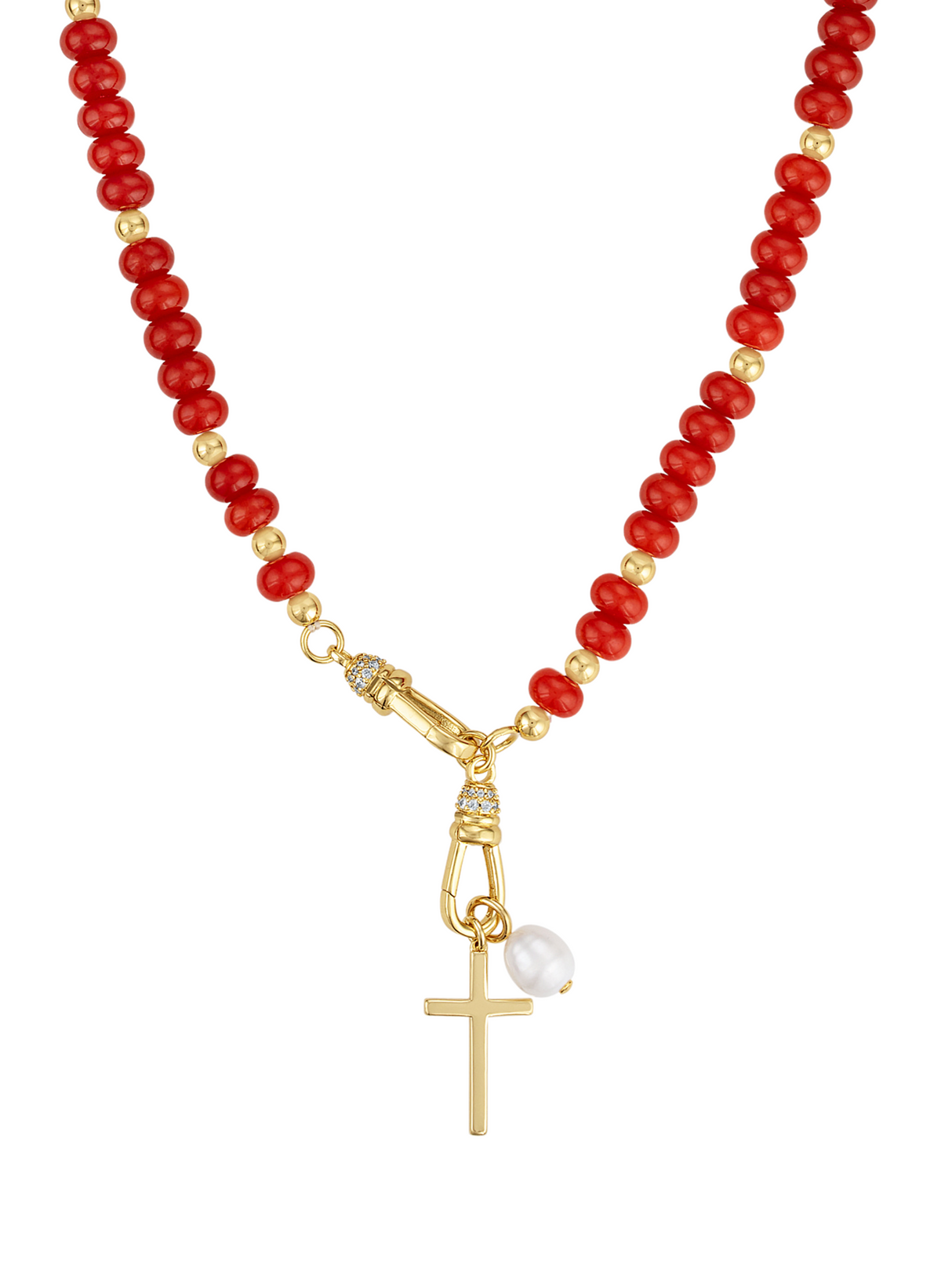 The Katherine Cross Gemstone Necklace by Kinsey Designs features red and gold beads, carnelian accents, a gold cross pendant, and a single white pearl charm.