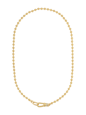 The Juniper Ball Chain Necklace by Kinsey Designs features a gold beaded design with a front clasp, elegantly displayed on a white background.