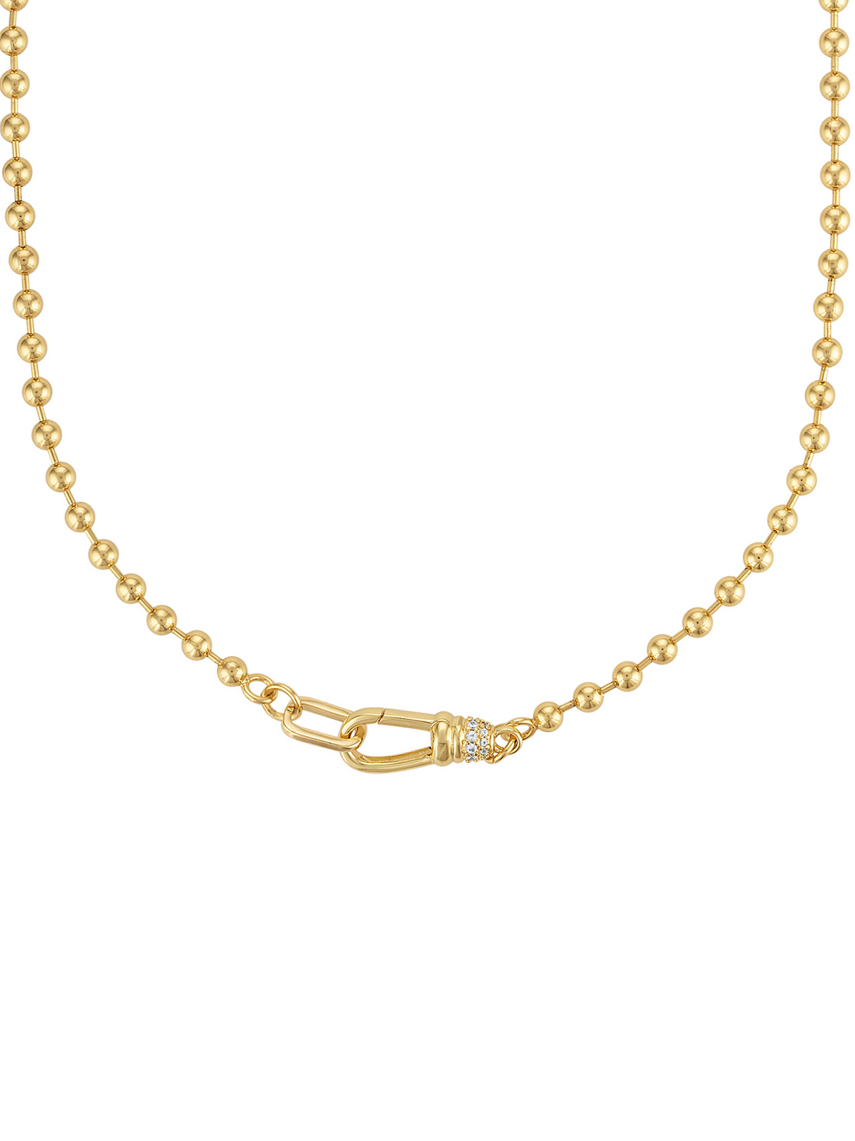 The Juniper Ball Chain Necklace by Kinsey Designs features gold beading, a distinct oval front clasp, and a delicate wrapped center detail.