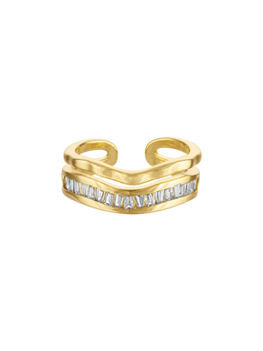 The Alix Double Ring by Kinsey Designs features a gold open double band in a V shape, accented with a center row of sparkling baguette-cut cubic zirconia.