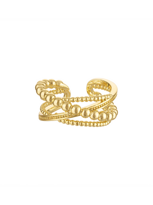 The Sienna Multi Band Ring by Kinsey Designs features two overlapping gold bands accented with small round beads, creating a distinct multi-band style against a white background.
