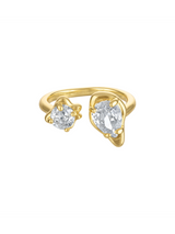 The Kinsey Designs Lorelai Wrap Ring showcases two uniquely shaped, prong-set clear gemstones on an open gold band, displayed against a white background.