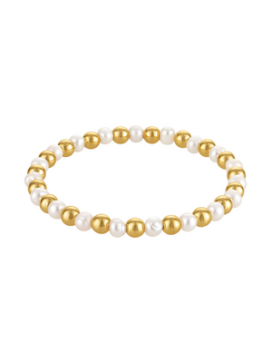 The Kinsey Designs Pearl and Gold Bead Alternating Stretch Bracelet features 4mm pearls and gold beads in an alternating pattern on a white background.