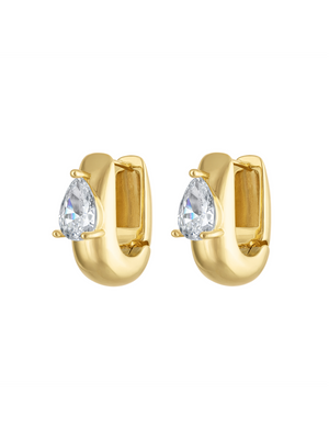 The Merrick Hoop Earring by Kinsey Designs features a gold U-shaped hoop with teardrop-shaped clear CZ gemstones in the center, shown on a white background.