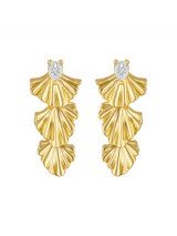 Kinsey Designs’ Drew Drop Fan Earrings feature three layered, fan-shaped segments with a teardrop-shaped white stone at the top, bringing elegant style to any look.